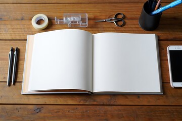 Open blank notebook with pens scissors tape and phone on wooden desk