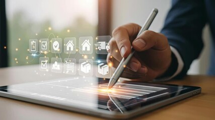 Logistic solution e commerce tablet stylus hologram icon business technology interface digital tablet logistics workflow inventory delivery tracking order management customer data analytics - Powered by Adobe