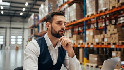 Warehouse manager laptop planning logistic solution for e commerce distribution center inventory control with shelving and cardboard while staff move boxes for efficient operation focused professional