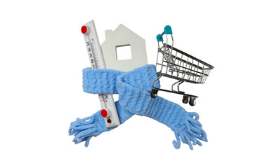 Cozy scene with scarves, thermometer, cart, isolated on white, PNG