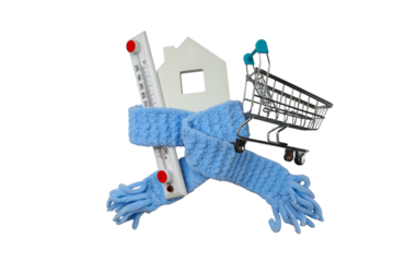 Cozy scene with scarves, thermometer, cart, isolated on white, PNG