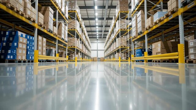 Modern warehouse logistic solution e commerce pallet rack aisles shelving storage inventory boxes cardboard box pallet conveyor metal high bay lighting polished floor safety barrier forklift access
