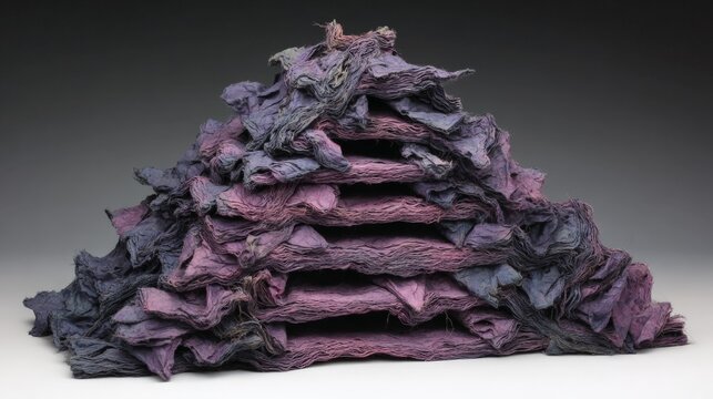 Layers of crumpled paper in shades of purple and blue are stacked in a pyramid formation, highlighting the unique textures and artistic expression of handmade materials