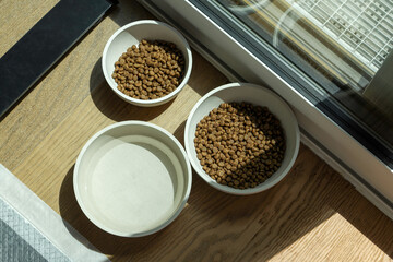Two bowls filled with kibble positioned near a sunny window