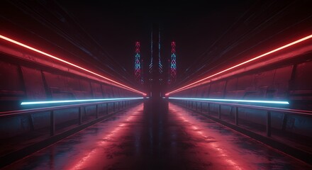 Futuristic tunnel bathed in red and blue neon light, leading into the darkness