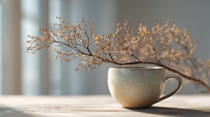 soft natural window light falling on a minimal still-life arrangement of a ceramic cup and dried branch