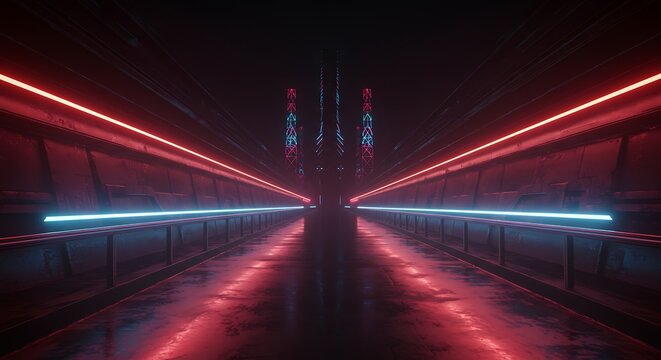 Futuristic tunnel bathed in red and blue neon light, leading into the darkness