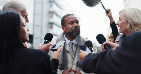 Politician, man and interview with journalist for election announcement, campaign opinion or...