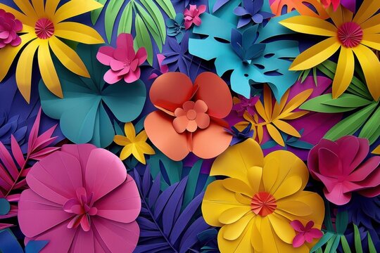 Colorful paper craft flowers and tropical leaves forming a vibrant and festive floral background