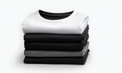 Stacking pile of folded blank black, grey, gray, and white t-shirts with a round neck and a white background cutout. A mockup template for graphic design artwork,
