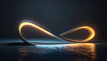 Lit infinity symbol, gold light in the middle, sits on reflective surface, dark background