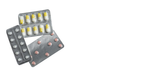 Pills in blister packs on a color background, banner
