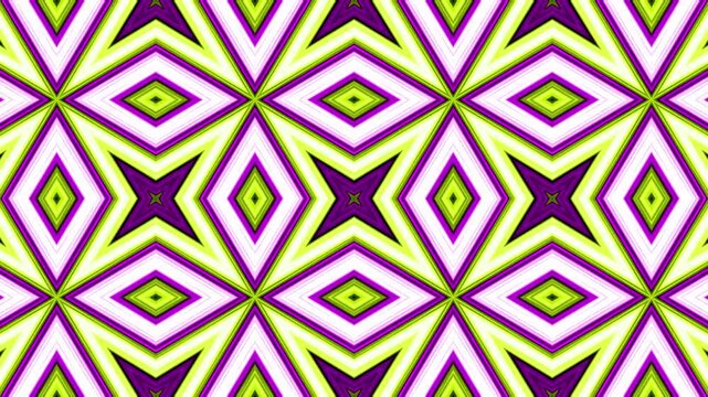 Kaleidoscope diamond pattern in yellow, purple, and white with glowing symmetry.