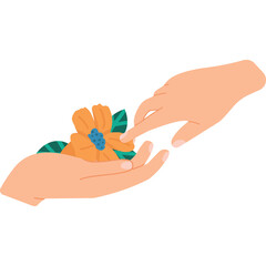 Illustration of two hands gently holding an orange flower with green leaves against a transparent background symbolizing care and tenderness