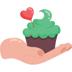 Hand Holding A Teal Cupcake With Red Heart On Stick Against White Background With No Ai Defacts