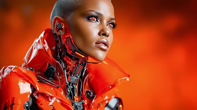 A woman in a red and black robot suit with red eyes