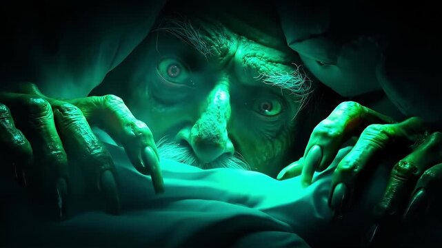 A close up of a man's face with green eyes and hands