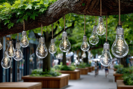 Hanging light bulbs illuminate a lively urban walkway lined with green trees