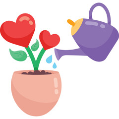 Heart Shaped Flowers Growing in a Pot Being Watered by a Purple Watering Can with Water Droplets Falling Symbolic of Love and Nurturing © Wisnu