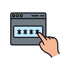 A finger touches the password field on a gray browser window, presented on white background