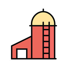A stylized red grain silo stands against a white background in this flat vector