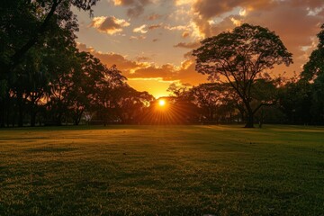Naklejka premium Golden sunset creating starburst effect over trees and green meadow