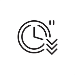 System downtime icon. Features a clock with a downward arrow. Represents operational failure, maintenance period, service interruption, system delay, and reduced efficiency in industrial or IT.