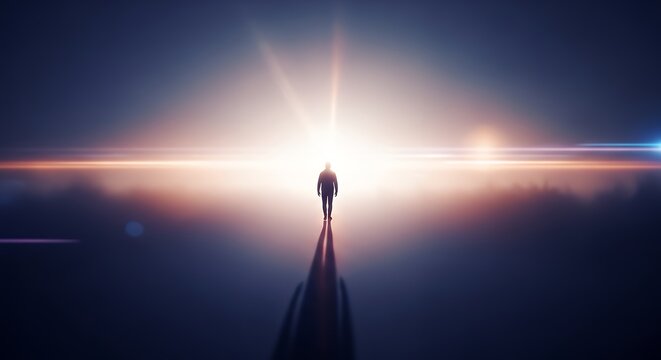 Human silhouette walking toward bright light, representing liberation, cinematic glow