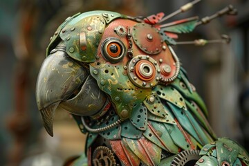 Close up of a steampunk parrot sculpture, highlighting the detailed metal components and vibrant colors