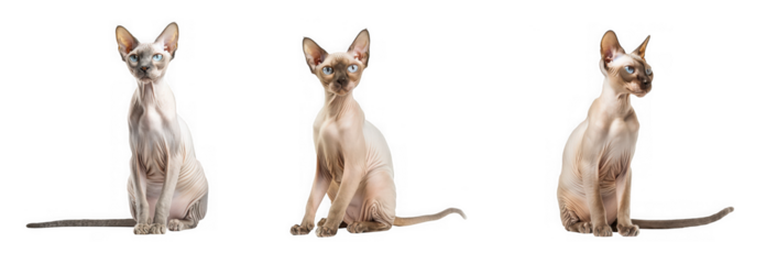 Three sphynx cats, isolated on transparent background, display their unique hairless beauty and graceful poses, showcasing their distinctive features