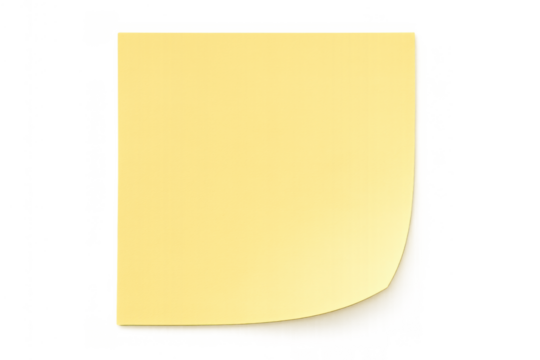 Blank yellow sticky note peeling a corner on transparent background, ready for message or reminder