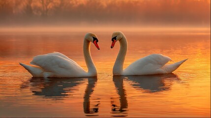 Fototapeta premium A pair of beautiful swans swimming in a lake at sunset