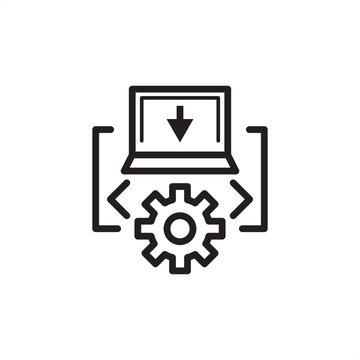 Legacy system integration icon. Features a laptop, gear, and code brackets. Represents connecting old and new systems, software modernization, data migration, and industrial system interfacing.