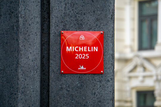 OSLO, NORWAY - NOVEMBER 18, 2025: Official Michelin Guide 2025 Plaque for Restaurant Recognition Award