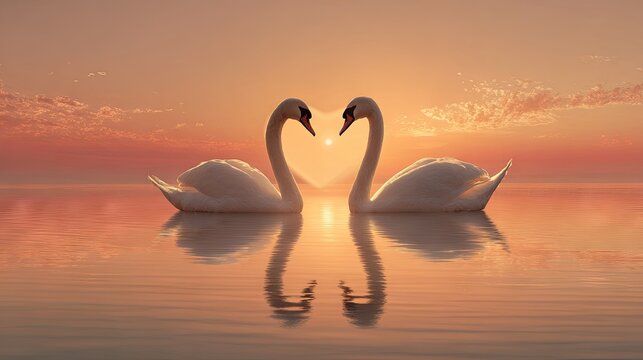 A pair of beautiful swans swimming in a lake at sunset - Powered by Adobe