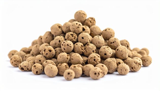 Heap of LECA, Lightweight Expanded Clay Aggregate on white background, round porous clay pellets