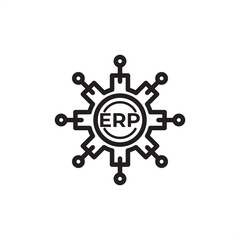 Enterprise Resource Planning (ERP) icon. Features a central gear hub labeled ERP with network connections. Represents system integration, business management, data centralization, process optimization