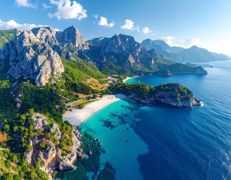 Aerial view of a stunning coastal landscape, vibrant turquoise waters - Powered by Adobe