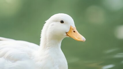 A close-up of a white duck, with white feathers and an orange beak, presenting a lively animal form and fresh natural aesthetics.