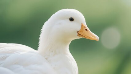 Obraz premium A close-up of a white duck, with white feathers and an orange beak, presenting a lively animal form and fresh natural aesthetics.