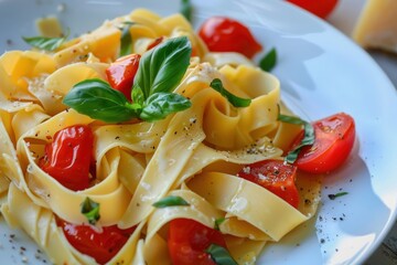 Pappardelle pasta seasoned with cherry tomatoes, fresh basil leaves, and a sprinkle of black pepper, bathed in sunlight on a white plate