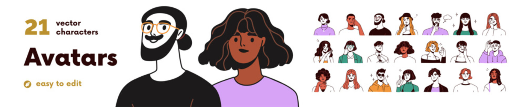 Young men and women avatars set. Happy thoughtful people, smiling girls and guys, head portraits. Line characters with thinking face expressions. Flat vector illustrations isolated on white background