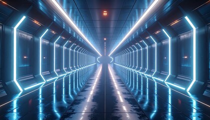 Futuristic tunnel with neon lighting reflecting on the glossy floor and walls, perspective view