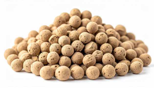 Heap of LECA, Lightweight Expanded Clay Aggregate on white background, round porous clay pellets