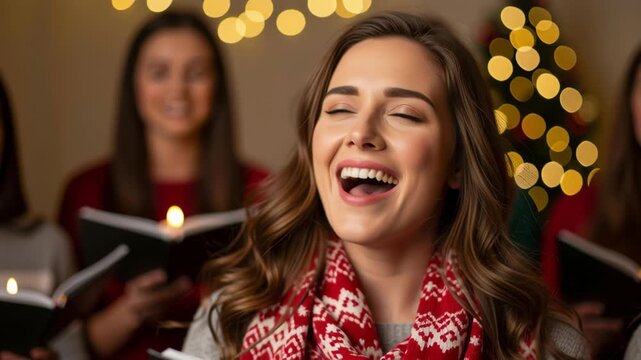 Young woman singing carol with family christmas holiday cozy living room by decorated tree with warm lights and candlelight creating warm festive emotion as choir gathered around scarf clad family