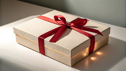 Glowing Gift Box Illustration – Cream Textured Surface with Red Ribbon & Magical Light from Within