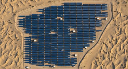 Straight aerial view of a massive solar farm with endless rows of reflective blue solar panels installed in the textured, golden desert sand. This perspective visualizes large-scale clean energy.