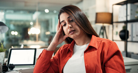 Night, businesswoman or tired in office with burnout from workload, pressure and contemplating. Thinking, exhausted female person and overtime in workplace with tablet screen, mockup space and bokeh.