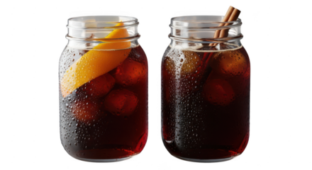 Two mason jars filled with refreshing iced coffee, one garnished with a vibrant orange slice and the other with a fragrant cinnamon stick, isolated on transparent background
