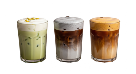 Three iced coffee drinks with creamy foam isolated on transparent background, including matcha latte, black sesame latte, and dalgona coffee for a cool and refreshing treat
